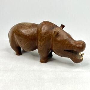 Vintage Hand Carved African Wood Hippopotamus With Teeth